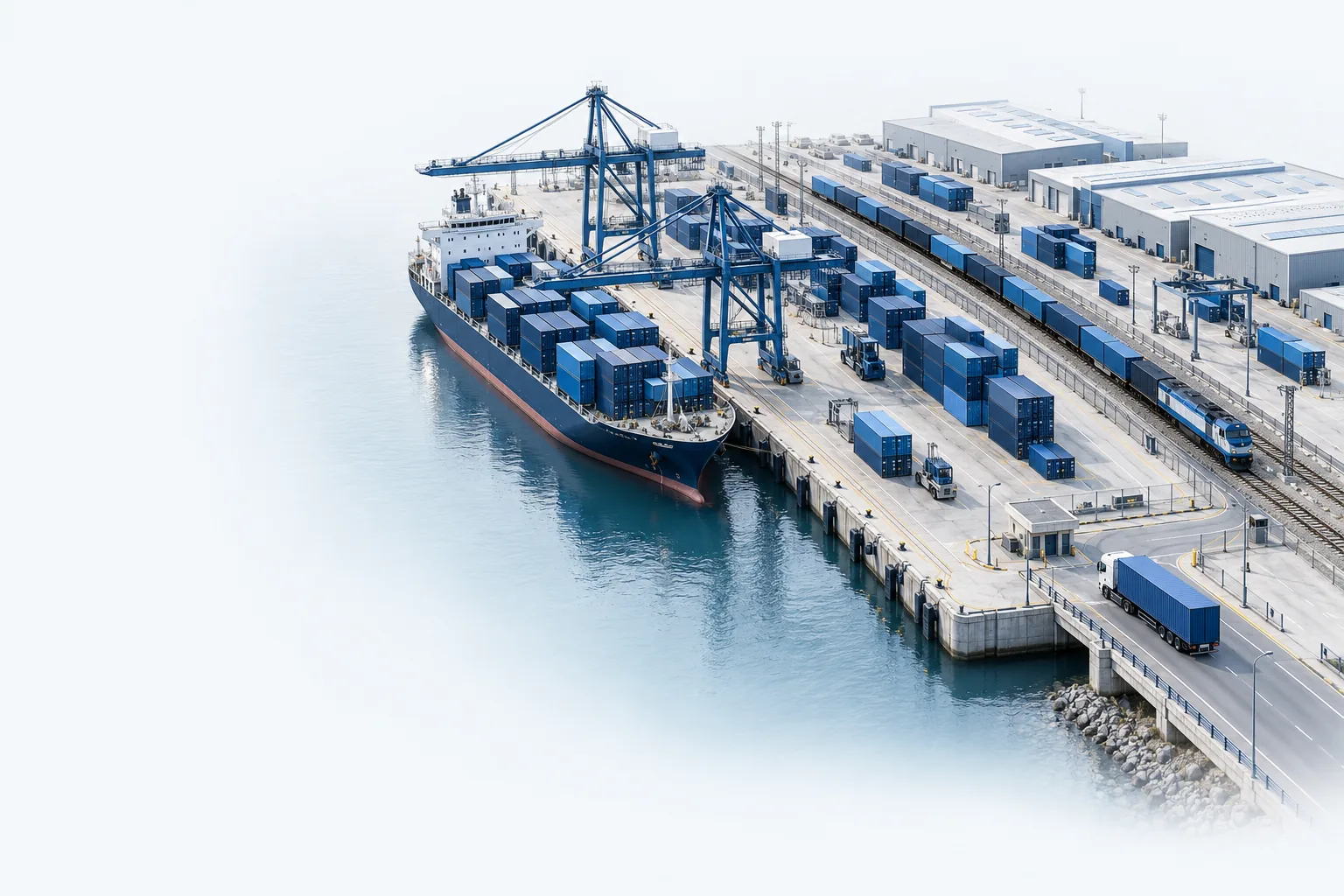 Illustration of a multimodal logistics terminal with a cargo ship, freight train and trucks.